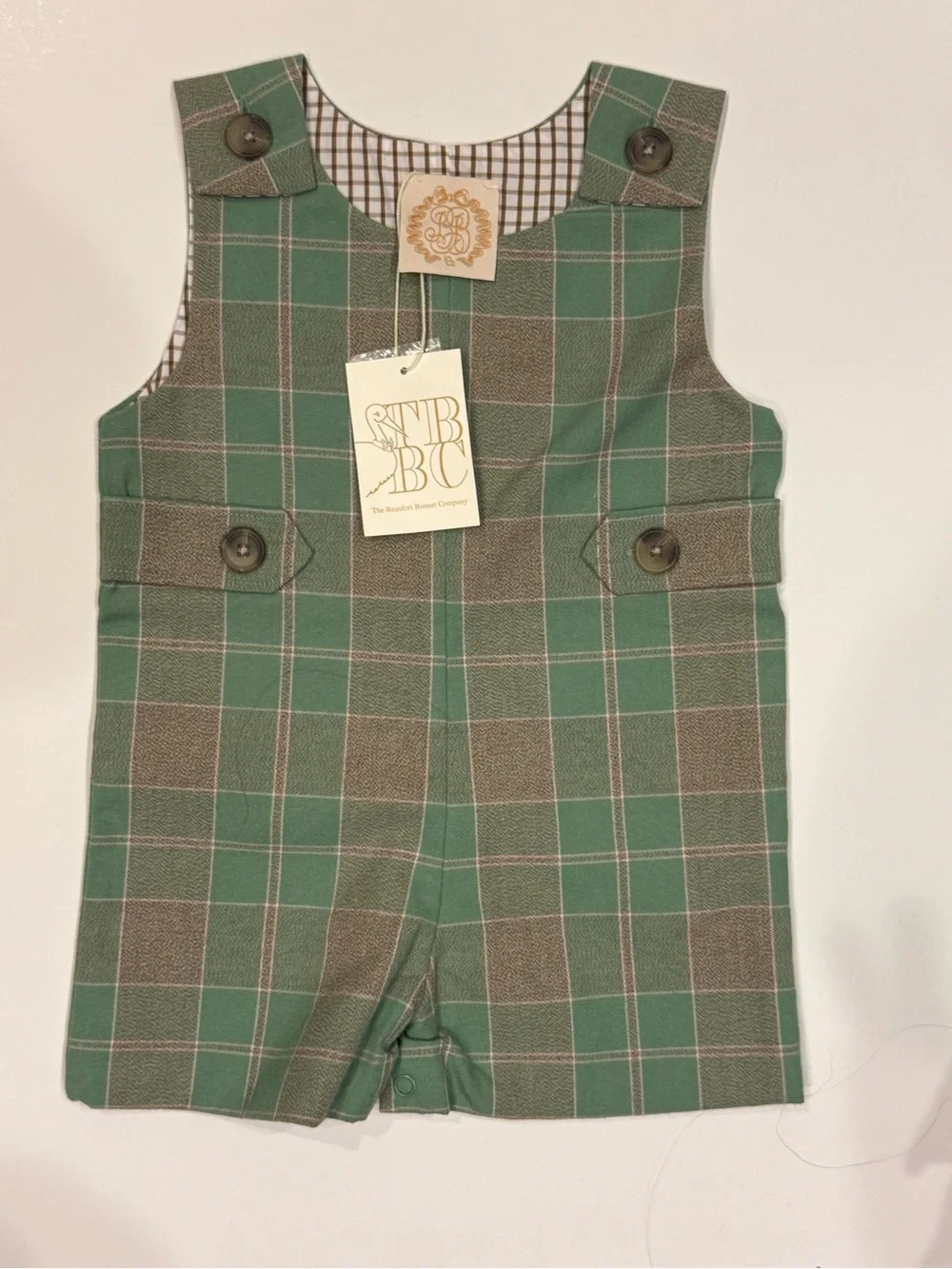 NWT Beaufort Bonnet Company Boys Green Plaid Jon Jon Romper 6–12M
